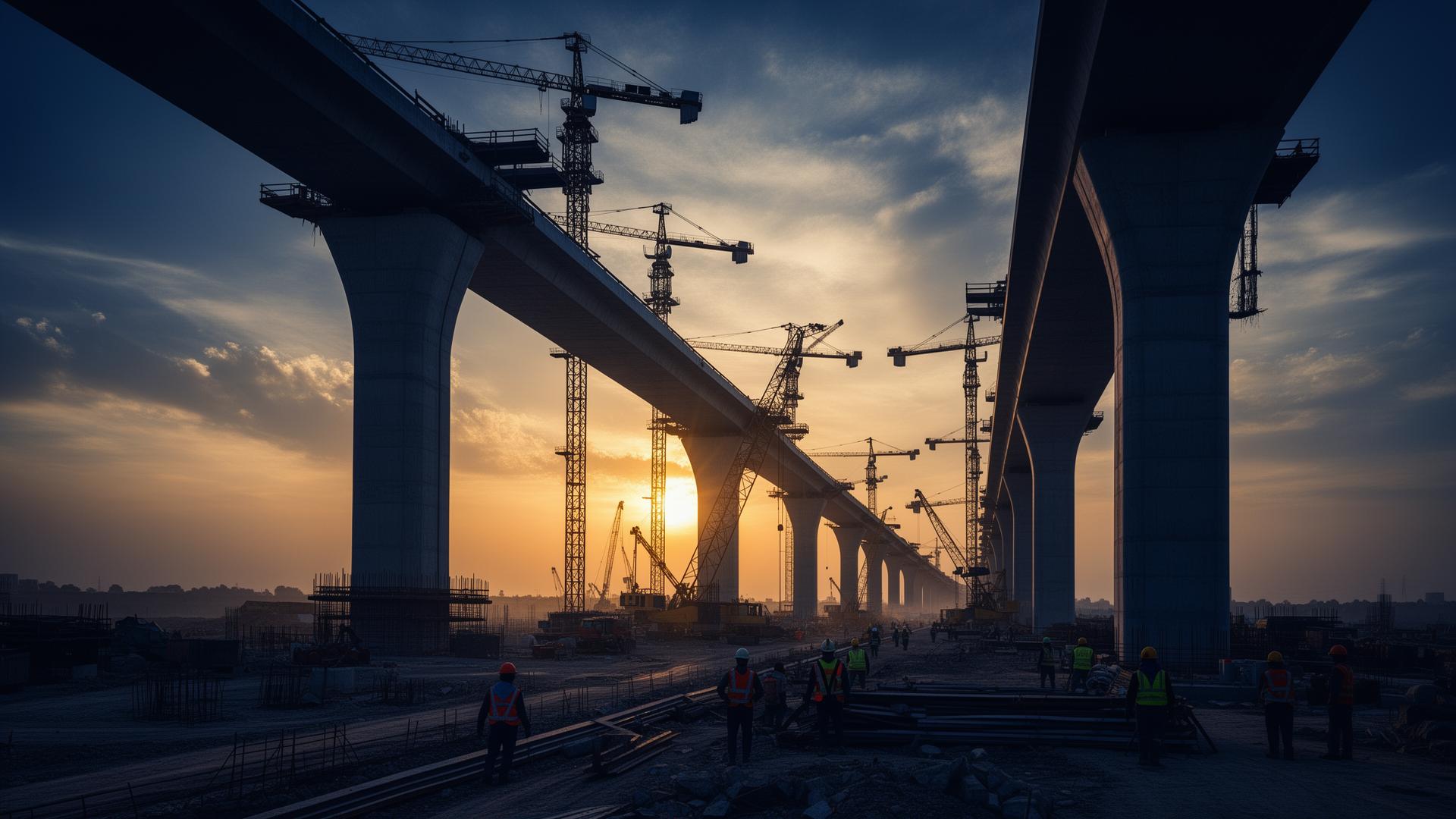 Azaad Builders bridge construction site at sunset